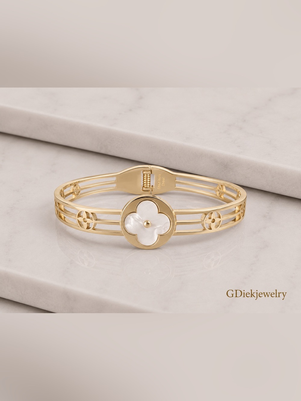 Stainless Steel Mother-of-Pearl Floral Motif Bangle Bracelet
